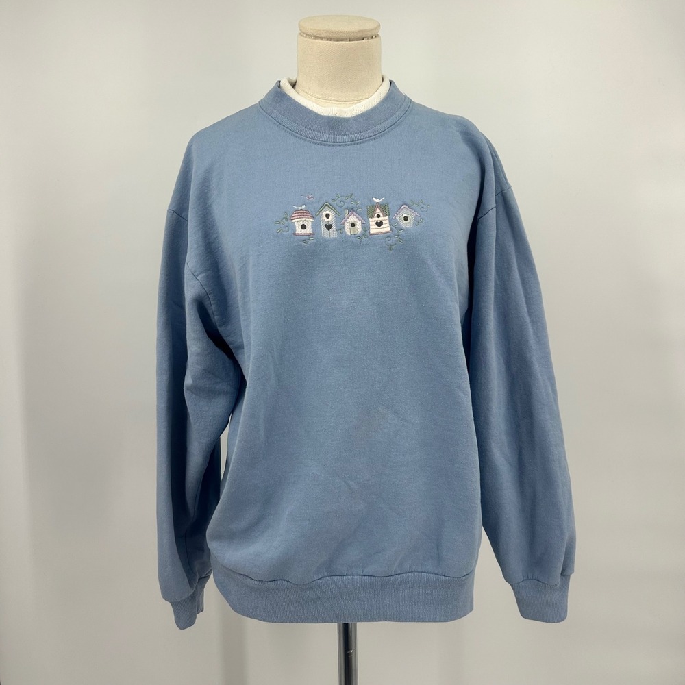 Vintage Top Stitch Morning Sun Blue Birdhouse Embroidered Sweatshirt Medium USA
